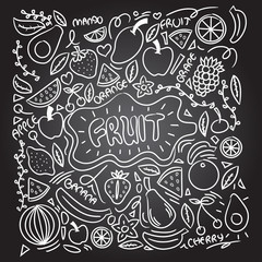 Collection of cartoon juicy fruits and berry. Vector illustration. Set of colorful fruit and berries. Fruit hand drawn in doodle style.