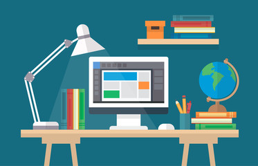 Learning and education, concept illustration with a desk with books, computer. Online learning, graduation, back to school, school, university. Vector illustration in flat style