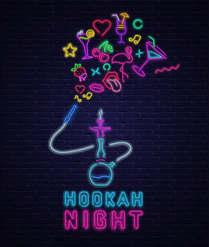 Black hookah night background with colorful neon decoration.