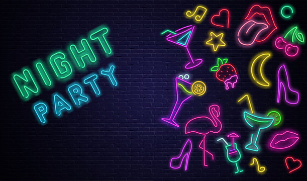 Black night party background with colorful neon decoration.