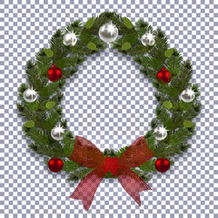 Christmas, New Year. Green branch of spruce in the form of a Christmas wreath with shadow. Red bow, silver and red balls on the background transparent. illustration