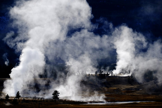 Geysers and Steam Rising in Yellowstone National Park