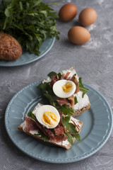 Sandwiches with whole grain bread, homemade cheese, arugula, ham and egg. Healthy snack.