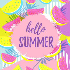 HELLO SUMMER greeting banner. Seamless Watermelon Pattern isolated on geometrci pop art background.