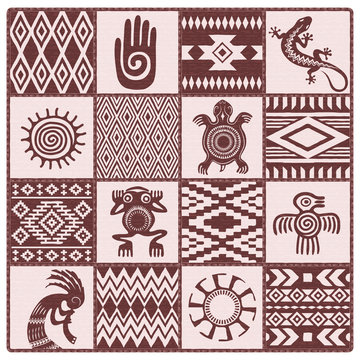 Illustration of Native Americans ethnic patterns and symbols: hand, sun, lizard, frog, bird, turtle, kokopelli. Shades of brown, dark red.
