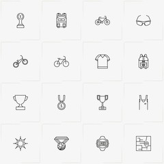 Fototapeta na wymiar Bicycle Sport line icon set with map location , sport spectacles and backpack
