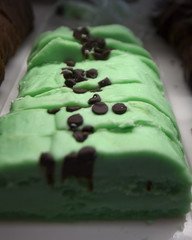A closeup of mint chocolate chip fudge.