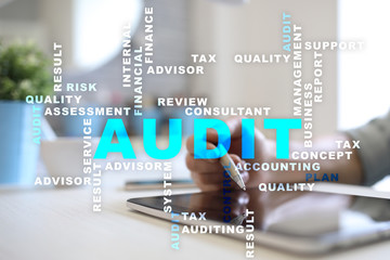 Audit business concept. Auditor. Compliance. Virtual screen technology. Words cloud.