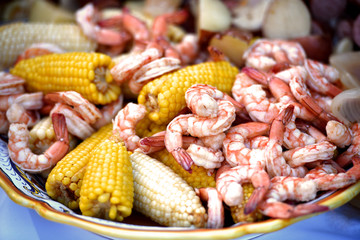 A closeup of a low-country shrimp boil.