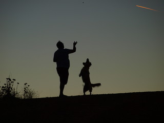 jugando con su perro al atardecer