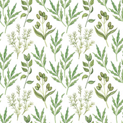 Seamless pattern of wild summer greenery - wild meadow plants, stems and leaves, watercolour raster illustration on white background. Seamless pattern, backdrop with hand-drawn watercolor greenery