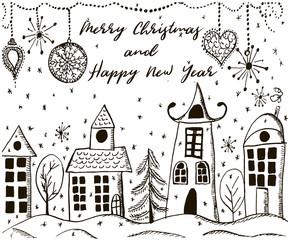 Hand drawn cute little cartoon houses on a winter scene. Christmas decoration, snowflackes, text Merry Christmas and Happy New Year. Vector illustration.
