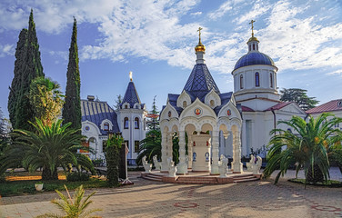 RUSSIA, SOCHI - SEPTEMBER 28, 2015: Arbor with holy water in the temple of Michael the Archangel.