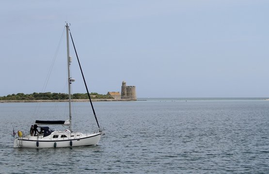 voilier navigant devant l'île de Tatihou à Saint-Vaast-la-Hougue,Normandie,Manche,Cotentin
