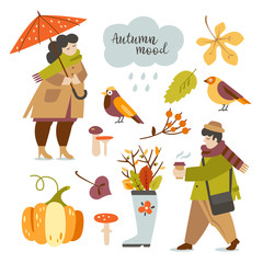 Set of illustrations autumn mood with people in autumn clothes, leaves, birds and other elements of autumn nature