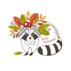 a cute raccoon with a wreath of autumn leaves and berries on his head with the inscription hello autumn and the oak leaf