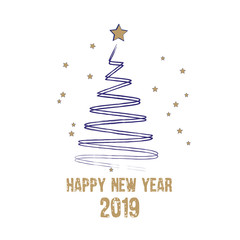 Merry Christmas and Happy New Year greeting card. Stylized  Christmas tree decorated with golden stars on a white background. Vector illustration.