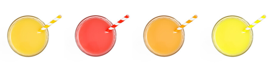 some glasses with different colors juices on a white background. Top view