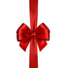 Shiny red satin ribbon on white background. Vector bow and red ribbon.