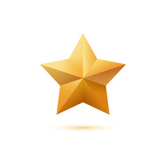 Realistic golden 3D star icon isolated on white background.