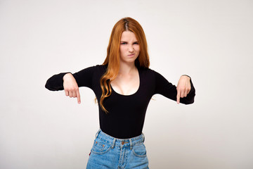 portrait of a beautiful girl with red hair on a white background with different emotions.