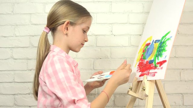 Child Painting Abstract, School Girl in Workshop, Art Craft Classroom 4K