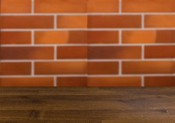 Texture of natural brick. Facing materials. Background with empty wooden table. Flooring.