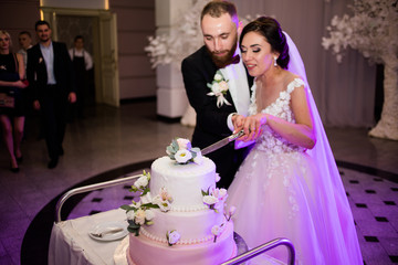 Newlyweds cut their wedding cake at the first time