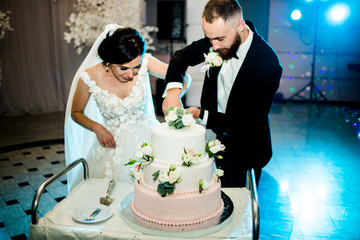 Happy bride and groom cut the wedding cake