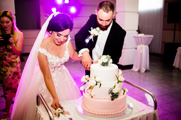 Bride looks happy cutting a wedding cake with a groom