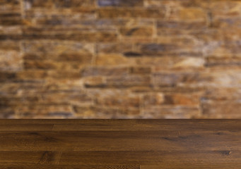 Texture of natural brick. Facing materials. Background with empty wooden table. Flooring.