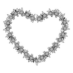 beautiful flower and leafs heart shaped frame vector illustration design