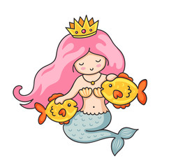 Cute princess mermaid with crown and two golden fish. Cartoon character. Vector illustration.