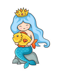 Little mermaid with big fish in hands, sitting on a rock. Vector illustration.