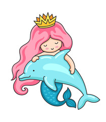 Cute little mermaid with wavy long pink hair and dolphin. Vector illustration.
