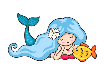 Beautiful lying dreamy mermaid with long wavy blue hair. Vector illustration.