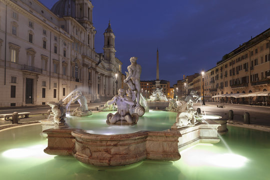 Fontana del Moro Fountain, Fontana dei Quattro Fiumi Fountain, Sant'Agnese in Agone Church, Piazza Navona, Rome, Lazio