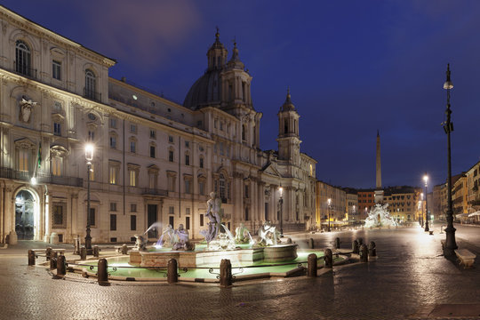 Fontana del Moro Fountain, Fontana dei Quattro Fiumi Fountain, Sant'Agnese in Agone Church, Piazza Navona, Rome, Lazio