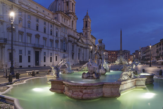 Fontana del Moro Fountain, Fontana dei Quattro Fiumi Fountain, Sant'Agnese in Agone Church, Piazza Navona, Rome, Lazio