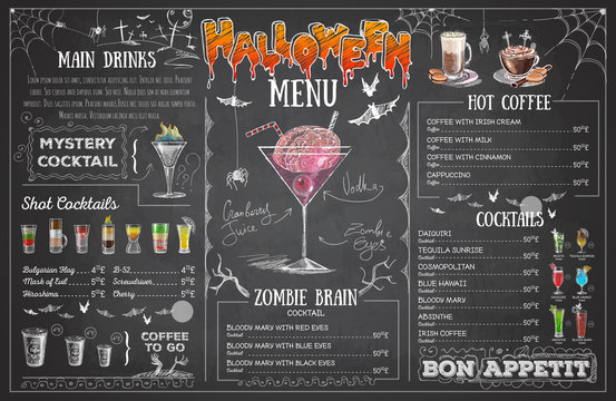 Vintage chalk drawing halloween menu design. Restaurant menu