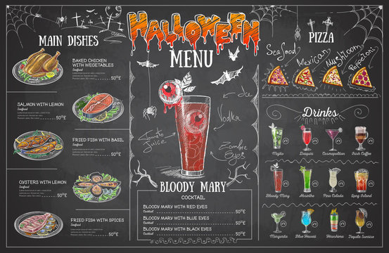 Vintage Chalk Drawing Halloween Menu Design. Restaurant Menu