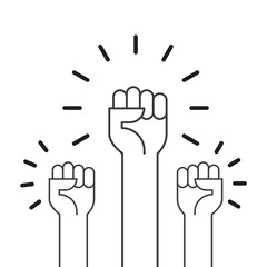 Fists hands up vector illustration. Concept of unity, revolution, fight, cooperation. Flat outline design.