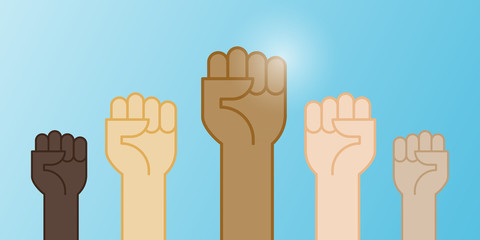 Obraz premium Multiracial fists hands up vector illustration. Concept of unity, revolution, fight, cooperation. Flat outline design.