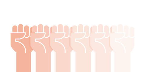 Fists hands up vector illustration. Concept of unity, revolution, fight, cooperation. Vector illustration, flat design