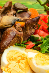 Fried chicken liver, chopped tomatoes with greens and boiled eggs on a white plate. Use for restaurant menu or dish description. The concept of delicious, quality food. Vertical.