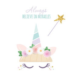 Unicorn cute catroon character. For birthday, baby shower, clothes and posters design. Vector