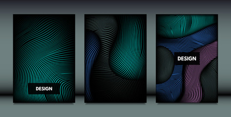 Distortion of Wavy Lines. Trendy Abstract Backgrounds with Vibrant Gradient. Movement and Volume Effect. Futuristic Cover Templates Set for Presentation, Poster, Brochure. Distortion of 3d Shapes.