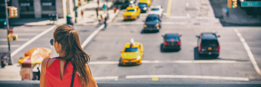 NYC New York City Travel Tourist Woman Looking At Car Traffic On Manhattan Street From High Line Park. Girl Walking On Famous Tourism Attraction Highline Relaxing In Summer Holidays. Banner Panoramic.