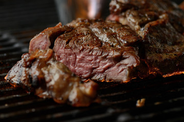 Grilled meat with vegetables and sauce, on the grill