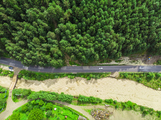 aerial view of road, forest and water after flood